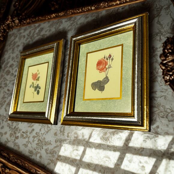 Set of 2 Vintage Rose Botanical Prints | Gold Wood Frame | Cottagecore Wall Art - Picture 9 of 11